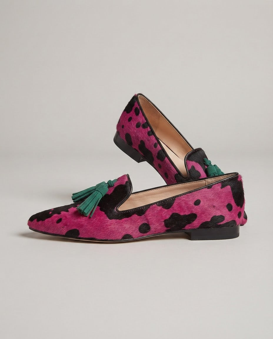 Ginevra | Moccasin, Fuchsia Cow, Green Tassels