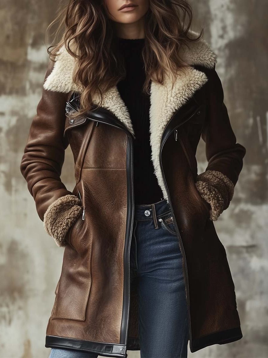Georgina | Long Vintage Leather Coat with Faux Fur Collar