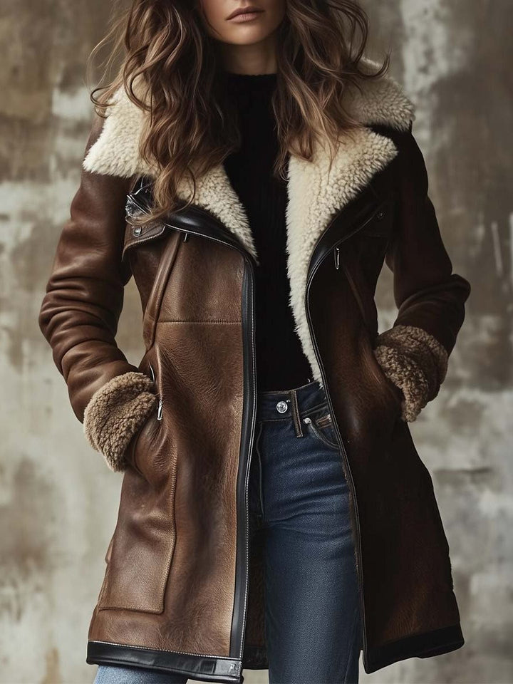 Georgina | Long Vintage Leather Coat with Faux Fur Collar