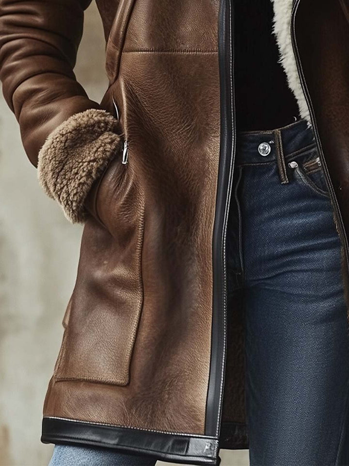 Georgina | Long Vintage Leather Coat with Faux Fur Collar