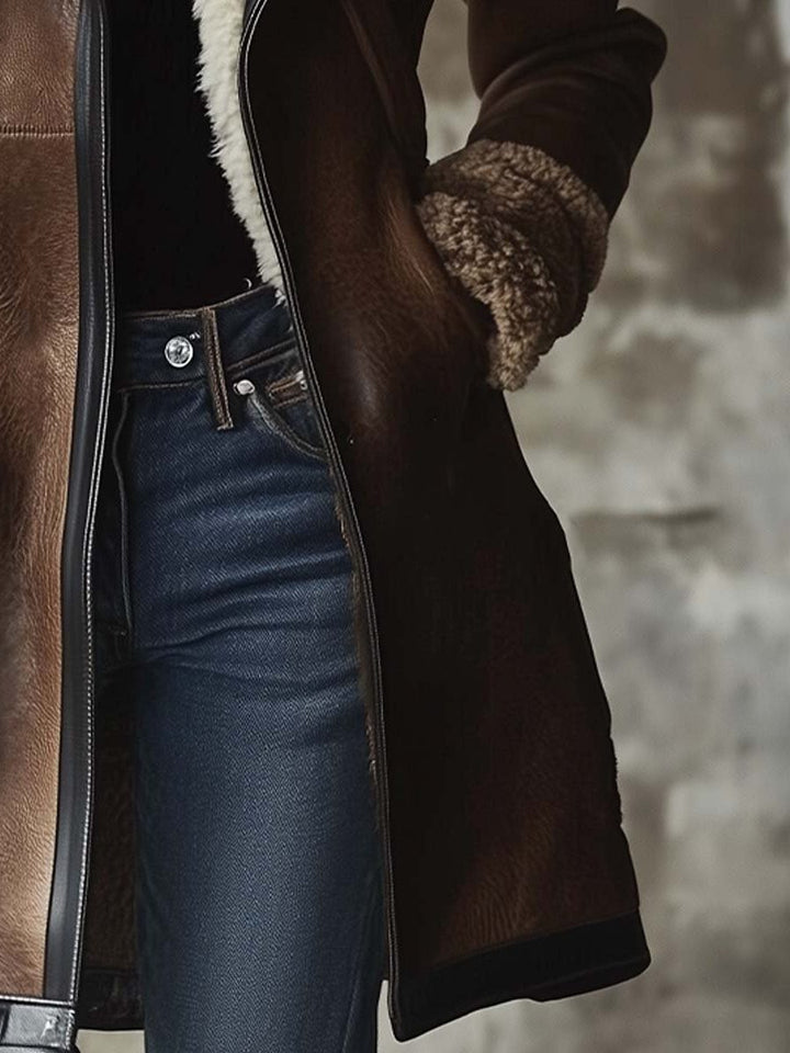 Georgina | Long Vintage Leather Coat with Faux Fur Collar