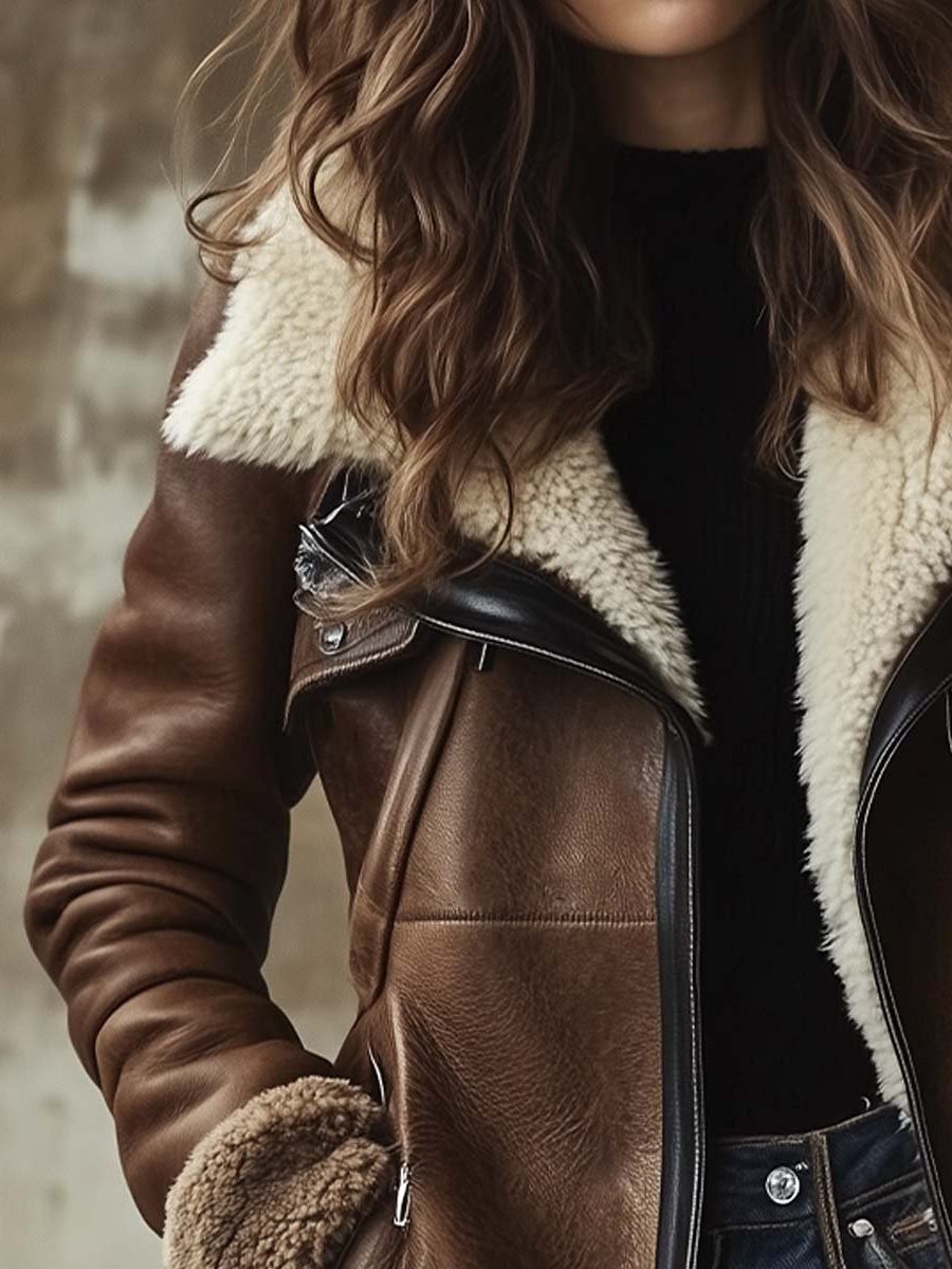 Georgina | Long Vintage Leather Coat with Faux Fur Collar