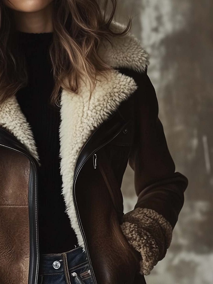 Georgina | Long Vintage Leather Coat with Faux Fur Collar