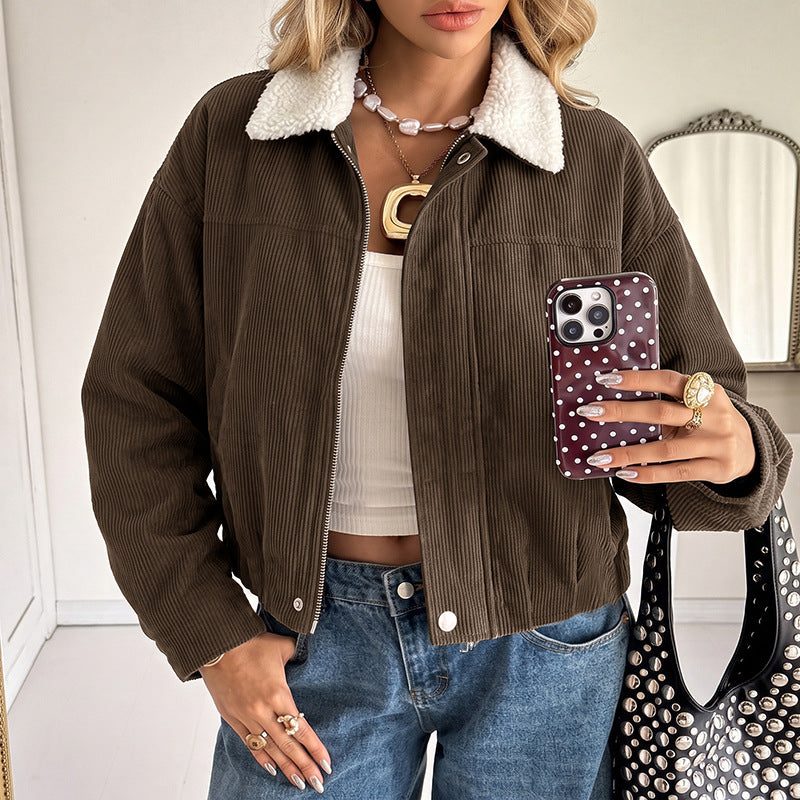 Tegan | Cropped Corduroy Jacket with Fleece Collar for Women